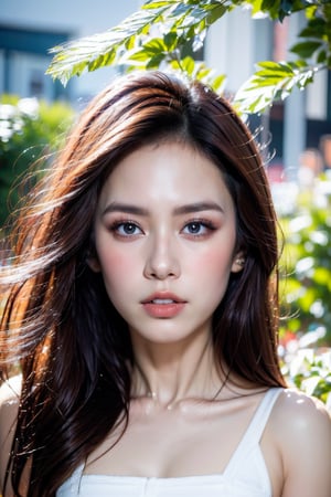 A young Vietnamese girl with shining, luxuriant hair appears to be floating amidst a wispy cloud, her features radiant and captivating. Her provocative gaze invites the viewer's attention as she poses confidently, her attractive form seemingly defying gravity. The soft, white cloud provides a serene backdrop for this stunning metahuman beauty.,Enhance