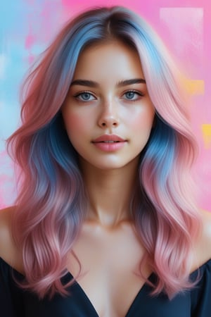 A captivating portrait of a mix blue and pink medium hair style with luscious, big wavy locks framing her radiant face. Behind her, a vibrant digital abstract visuals adds a pop of color to the serene atmosphere.,Enhance,Realistic Enhance,Cartoon