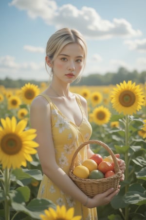 A serene moment unfolds as the blonde-haired beauty stands amidst a sea of sunflowers. Her sleeveless yellow dress, adorned with white flowers, catches the soft blue light, while the wicker basket overflowing with fresh fruit adds a pop of vibrancy to the scene. The wispy clouds in the distant sky provide a subtle contrast to the woman's bright attire. Framed by her pulled-back bangs, her face radiates warmth as she gazes gently into the distance, the silver necklace and ring on her finger adding a touch of elegance to the tranquil tableau.