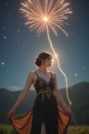 	
A young girl in an elegant flapper dress, embellished with captivating geometric designs, gracefully dances beneath a celestial light show. Her expression is enchanted by the luminescent display above her, as seen from an unconventional viewpoint under the radiant heavens. This scene seamlessly blends the sophistication of the Jazz Age with the awe-inspiring spectacle of a cosmic event, creating an atmosphere of enchantment and timelessness through vivid colors and fluid motion.,Enhanced all