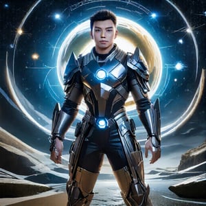 A dynamic image of a warrior from the Giải Ngân Hà universe, dressed in futuristic combat attire. The warrior stands poised in a ready stance, with advanced weaponry and armor reflecting a mix of traditional and high-tech elements. The scene is set in a dramatic lighting environment, emphasizing the sleek lines and metallic textures of the battle gear. The composition captures the warrior's intense gaze and the fluid motion of their posture, set against a backdrop of a star-filled cosmos, highlighting the otherworldly nature of their mission.,Supreme