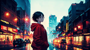 (masterpiece), best quality, high resolution, highly detailed, detailed background, perfect lighting,light blue eyes, medium breasts, cinematic, movie, The student council girl with glasses and short hair in a red hoodie (((on a highway at night with city in the background))), (((minimal light, dark moody atmosphere, cinematic,urban landscape))),Makeup,Enhance,SGBB,Wonder of Art and Beauty,wonder beauty 