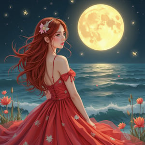 Here's a potential digital illustration based on your description:  -Title:- 'Moonlit Enchantress'  -Image:-  The illustration features a fantastical, ethereal woman standing against a backdrop of a large, glowing sea and a shimmering, starry night sea. Her hair flows like a river of Red, with intricate, delicate strands that seem to come alive in the moonlight.  She wears a stunning, ornate gown that's been meticulously designed to showcase her beauty and elegance. The gown is a deep, rich red color, with intricate flower patterns and sparkling jewels that catch the light. Her headpiece is a masterpiece of complexity, with delicate, curved petals and glittering gemstones that seem to shimmer and shine.  Around her, a halo of light and butterflies creates a magical aura, as if she's conjuring up the very essence of the moon and sea. The moon above casts a soft, gentle glow over the scene, illuminating the waves and creating a sense of peace and tranquility.  -Color Palette:-  - Deep, rich red for the hair and gown - Soft, shimmering yellow for the moon - Delicate, pale black for the flowers and gemstones - Gold and silver for the jewelry and accents  -Style:-  The illustration is done in a highly detailed, realistic style, with a focus on capturing the beauty and elegance of the subject. The character is rendered in a lifelike way, with intricate textures and patterns that add depth and dimension to the image.  -Mood:-  The mood of the illustration is one of enchantment and mystery, capturing the essence of a magical, otherworldly moment. The subject's serene, ethereal expression and the dreamlike quality of the scene create a sense of wonder and awe, as if the viewer has stumbled upon a hidden, mystical world.,Enhanced all,lotus