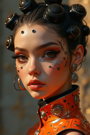 The image depicts a portrait of a person with stylized features. The a woman wears and wears black dots on her head, in the style of futuristic fantasy, 3d, metallic sculpture, elegant, emotive faces, dark Orange and red and light silver, The background is blurred with hints of gold tones, which serve to highlight the subject without distracting from the intricate details of the jewelry and makeup.,1girl,Supreme,Drawing style