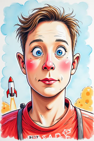 children-drawing, colorful drawing, Elon Musk, big head, watching space-X starship take off.