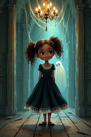 whimsical illustration of a cute girl standing amidst cobwebs and creaky wooden floorboards in a sprawling haunted mansion. She wears a flowing black dress with white lace trim, her dark skin glistening in the dimly lit atmosphere. Her curly brown hair is tied back in pigtails, and her bright smile contrasts with the eerie surroundings. The lighting casts an otherworldly glow, highlighting the girl's bold pose as she surveys the dusty, cobweb-covered chandelier above. In the background, a ghostly figure lurks, adding to the sense of mystery and enchantment.