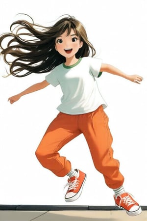 The image depicts a young girl in mid-motion, suggesting movement or playfulness. Her long, wavy hair is flowing as if caught in the wind, and her facial expression conveys excitement or joy. She is dressed casually with a white t-shirt and orange pants, paired with red sneakers. The background is plain and does not provide any context for the setting. The artist's signature is visible at the bottom of the image.,Green Fashion 