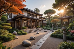 Create an image of a serene Japanese Zen garden in autumn, with a focus on the garden's natural beauty and tranquility. The scene should be framed with a wide-angle view, showcasing the garden's meticulous landscaping, featuring gravel paths, stone lanterns, and carefully arranged rocks. The lighting should be soft and warm, highlighting the vibrant autumn colors of the surrounding trees, with leaves in shades of orange, red, and yellow gently falling to the ground. The composition should emphasize the garden's harmony and balance, with a sense of peace and contemplation.,Enhanced all