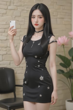 a young Asian woman with long, straight black hair, wearing a black dress adorned with white stars, stands in front of a beige brick wall. She is holding a silver iPhone in her right hand, adding a touch of contrast to her black dress. To the left of her, a black chair can be seen.,babe,wonder beauty,lotus