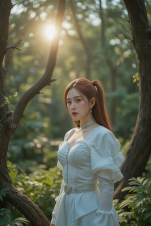 A whimsical scene unfolds: a young woman with fiery red locks and bright green eyes stands confidently in front of a mystical forest, her attire a vibrant mix of turquoise and silver. She wears a flowing white cloak with intricate silver embroidery, cinched at the waist with a delicate belt adorned with gemstones. Her expression is one of gentle determination as she gazes out at a radiant aurora borealis-filled sky. The camera's warm golden light casts a sense of serenity over the entire setting, with lush greenery and twisted tree branches serving as a majestic backdrop.,wonder beauty,Best face ever