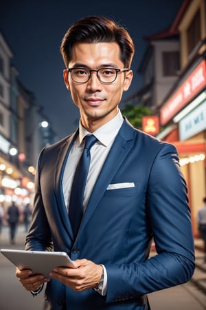 A gentle man, 32 yo, Vietnamese, showing ipad screen displaying a solid with image, wears comfortable suit, fashionista, young face, trustable face, happy emotions, TDNM,Enhanced All, glasses, realistic, ultra real
