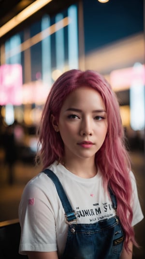 Girl with pink hair, Nikon D850, 85mm lens, soft and dreamy shot, cool and moody lighting, girl centered in frame, shoot from a high angle, incorporate cool and muted colors.,Melody