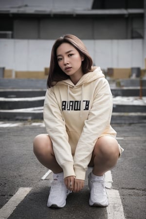 Photorealistic image, full body portrait, girl sitting down squatting, in doubt, hoody, light colors, puzzeled, questiond unanswered, frustrated, alone, highly detailed, cinematic lighting,Provocative,Enhance