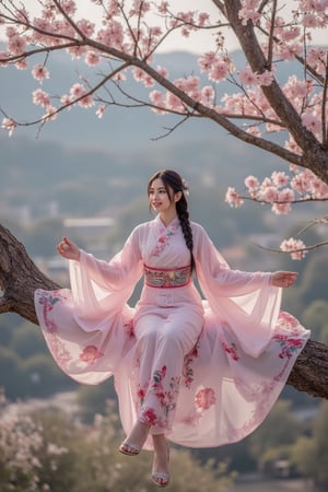 breathtaking ethereal RAW photo of female (Masterpiece, beautiful details, perfect focus, uniform 8K wallpaper, high resolution, exquisite texture in every detail, ((Simple background: 1.5)), break 1 girl, solo, blue eyes, clear deep eyes, , happy, , long hair, blush, smile, black hair, hair ornament, sitting, whole body, braid, flowers, Japanese clothes, hair Flowers, wide sleeves, kimono, tree, sash, obi, floral pattern, sandals, cherry blossoms, pink flowers, branches, kimono, sitting on a tree branch, wind, falling cherry blossom petals,Anime

 )), dark and moody style, perfect face, outstretched perfect hands . masterpiece, professional, award-winning, intricate details, ultra high detailed, 64k, dramatic light, volumetric light, dynamic lighting, Epic, splash art .. ), by james jean $, roby dwi antono $, ross tran $. francis bacon $, michal mraz $, adrian ghenie $, petra cortright $, gerhard richter $, takato yamamoto $, ashley wood, tense atmospheric, , , , sooyaaa,IMGFIX,Comic Book-Style,Movie Aesthetic,action shot,photo r3al,bad quality image,oil painting, cinematic moviemaker style,Japan Vibes,H effect,koh_yunjung ,koh_yunjung,kwon-nara,sooyaaa,colorful,roses_are_rosie,armor,han-hyoju-xl
