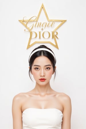 A stunning woman poses confidently against a crisp white background, her strapless dress shining like porcelain. A sleek headband wraps around her forehead, adding to the overall sense of sophistication. Above her, a gleaming gold star and elegant script DIOR create a dramatic focal point. The wonder of beauty radiates from within, as if illuminated by the star itself.