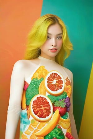 A girl has an smoothie hair , which could suggest a creative or rebellious personality. The presence of the colorful background may indicate a sense of vibrancy or action associated with the character. She wears an food inspiration outfit. The overall composition and style are indicative of a narrative-driven genre such as comics or graphic novels.,Pho