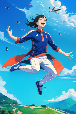 masterpiece, high quality,  (2d flat illustration), 1 male sportwoman Vietnamese, 23yo, jumping high to the sky , mystery landscape