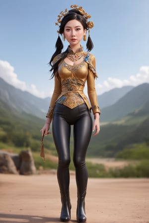 women. beautiful detailed face, black hair, pale skin, light skin, realistic skin, detailed fabric texture, detailed hair texture, perfect proportion, accurate, anatomically correct, highly detailed skin and face texture, modern, photorealistic, perfect face, hyper realism, mega realism, high quality. warrior, ancient mongolia, messy hairstyle. whole body. black pants, black boots,digital art,Elite beauty, [DANCING]