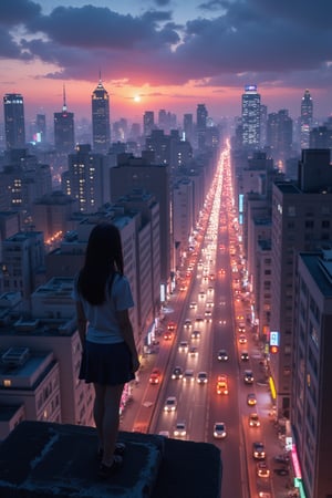 (masterpiece, best quality), (busy city,bustling atmosphere,silhouette of a teenage girl at the top of a building looking down at the street), dusk, neon lights, high-rise buildings, twinkling cityscape, energetic pedestrians, rushing traffic, vibrant colors, urban metropolis, hustle and bustle, modern architecture, skyscrapers, city lights, asphalt roads, flickering street lamps, urban soundscape, blurred motion of cars and people, urban sprawl, city at night, nightlife, teenager's contemplative stance, isolated figure, loneliness in the crowd, ethereal atmosphere, mysterious aura, reflection of city lights on the windows, warm glow of the setting sun, exciting energy, imposing shadows, towering skyscrapers, rebellious spirit, expansive city view, vivid vitality, metropolitan dreamscape, urban exploration, romanticized chaos, captivating skyline, anonymous faces, concrete jungle, raw emotions, inspiring heights, clenched fists, hazy skyline, endless possibilities,Enhanced All,ghibli,cyber