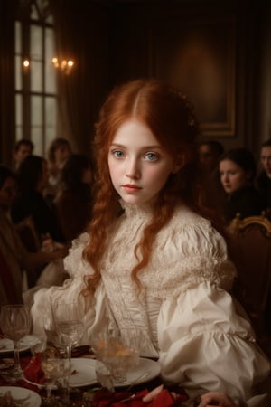 Young countess sits at dinner in a crowded dinning room in 1600's france, high fashion, atmosphere, ultra realistic HD,  / Hyperrealistic sexy ,full body, long  hair, ultra detail blue eyes, beautiful face, An extremely high-resolution hyperrealistic portrait of a girl, pushing the boundaries of realism with fine textures and lifelike details.
,vintagepaper,text as "",v0ng44g,more detail XL,Brandon Woelfel, ,Jia Lissa