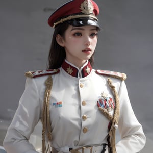 (glamour1.3) photo of a beautiful young confident woman Military officer, BREAK (((wearing offical army white uniform))), BREAK (blush, blemishes:0.6), (goosebumps:0.5), subsurface scattering, iridescent eyes, detailed skin texture, hourglass body shape, textured skin, realistic dull skin noise, visible skin detail, skin fuzz, dry skin, petite, remarkable color, (photorealistic:1.3), fullbody, dramatic lighting, golden_ratio, rule_of_thirds, Fujicolor_Pro_Film,1 girl,slender body,best face ever in Asia