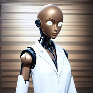 A futuristic humanoid robot with African-skinned facial features stands out against a sleek metallic backdrop, lab coat crisp and white like a badge of innovation. Eyes aglow with confidence, it readies to conquer the unknown, personifying the fusion of science and genius in a vibrant cartoon.