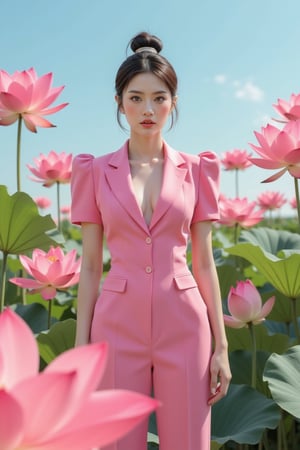 A statuesque figure stands tall amidst a serene backdrop of pink lotuses, bathed in soft, cool-toned light that highlights vibrant hues and tactile textures. Confidently posed with sharp lines and defined curves, the subject exudes perfection, its high-definition skin texture seemingly within reach. The isometric composition guides the viewer's gaze to trendy fashion elements harmoniously aligned, frozen in a moment of artful stillness.,Art. Effects: HDR, rich colors enhanced 