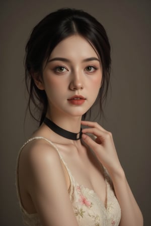 A moody, cinematic portrait of a young woman with dark brown hair styled in loose waves, set against a dimly lit grey background. Her piercing green eyes gaze directly at the viewer with solemn intensity, adorned with subtle eyeliner. The white sleeveless dress features delicate pink floral print and a black collar adds sophistication. Shot in warm, golden light from off-camera left, with soft focus on her face and shallow depth of field.