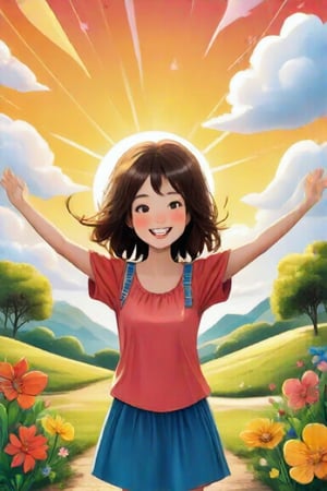 A charming cartoon scene featuring one girl, depicted in a lively, animated style. She stands center-frame, exuding joy with her arms outstretched and a big, beaming smile. The background is a vibrant, colorful landscape, with playful elements like cartoon flowers and cheerful clouds. The lighting is bright and sunny, adding to the whimsical atmosphere. The composition highlights her expressive face and the fun, exaggerated details of the cartoon environment, creating a delightful and engaging visual story.,Indochina