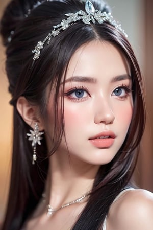 An artistic portrait of a 22-year-old girl, of rare noble beauty. Her eyes exude elegance, every detail of her face is amazing. The scene is blurred, making the attention and beauty focused on the character.,Enhance,Miss Grand International