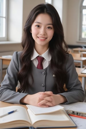 A close-up shot of a bright-eyed, curly-haired high school girl sitting at her desk in a sunlit classroom, surrounded by textbooks and pens. Her smile is warm and inviting as she looks directly at the camera, her hands clasped together in anticipation.