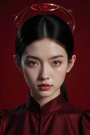 Against a deep crimson background, an enigmatic young woman with piercing green eyes and pointed ears dominates the frame. Her porcelain-doll complexion glows in high-contrast lighting, while delicate wisps of hair curl around her face like a halo. Elegant lines define her features, as if chiseled from marble. The subject's gaze is both gentle and imposing, inviting the viewer to step into her surreal world. Every detail, from the intricate folds on her gown to the abstract patterns surrounding her, is rendered in ultra-high quality, as if captured in 8K HDR. This masterpiece of illustration artistry presents a stunning, otherworldly beauty.