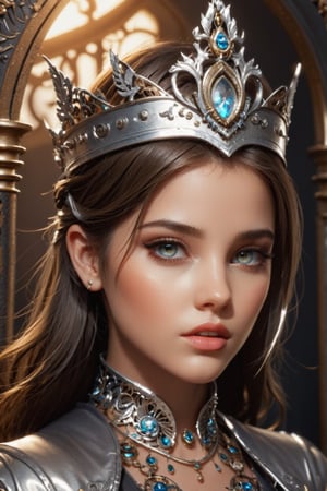 masterpiece featuring a girl with beautifully detailed eyes and finely detailed elements. The artwork should have a sense of depth of field, making it amazing and visually captivating. The CG unity 8k wallpaper should showcase the girl in full body, wearing clothes with a stunning silver texture and a metal crown with ornate stripes. The background should incorporate various metals and sputtered molten iron for an incredibly gorgeous metal style.,Enhanced All,Retouch all bugs