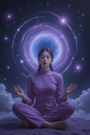 A surreal still life: A young girl sits cross-legged on a dark, starry background, her eyes closed in concentration. She's surrounded by swirling clouds of purple and blue gases, echoing the cosmic vortex of a black hole. Her hands rest palms-upward, as if channeling the celestial forces. The lighting is dim, with faint streaks of light tracing the curves of the galactic dust.,wonder beauty