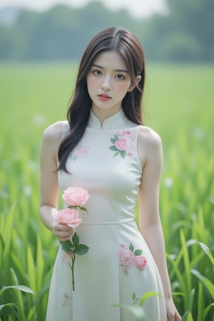 Captured at eye-level, a medium-sized Asian woman stands in a field of tall green grass, her hair cascades down to her shoulders. She is dressed in a cream sleeveless dress adorned with pink flowers and green leaves. She holds a pink rose in her left hand, adding a touch of contrast to the scene. The backdrop is blurred, creating a peaceful and serene atmosphere.