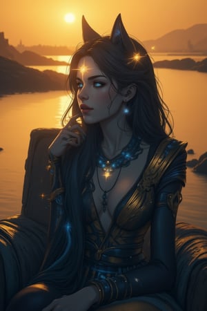 A regal tableau captures the essence of ancient mysticism: a statuesque cosplayer, embodying Bastet's doppelganger, majestically sits upon a worn stone throne. Her luminous complexion gleams like polished white marble, while her eyes sparkle with an otherworldly intensity, reminiscent of lapis lazuli jewels. The setting sun casts a warm golden glow, illuminating the scene from behind, as the subject's long, flowing hair cascades down her back like a river of night.