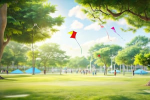 It generates an image of a edutaintment park, trees, Vietnam, flying kites, sunlight, full hd 