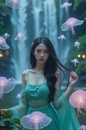 An Asian young woman with long flowing hair, adorned in a delicate emerald green gown, surrounded by a mesmerizing rainforest waterfall environment. She stands amidst a dance of luminescent jellyfish, which glow in hues of pink and blue. The backdrop is a cascading waterfall, punctuated by the soft glow of bioluminescent plants and the gentle mist of water. The woman's gaze is distant, as if lost in thought, while the jellyfish float gracefully around her, creating an ethereal and dreamlike atmosphere.