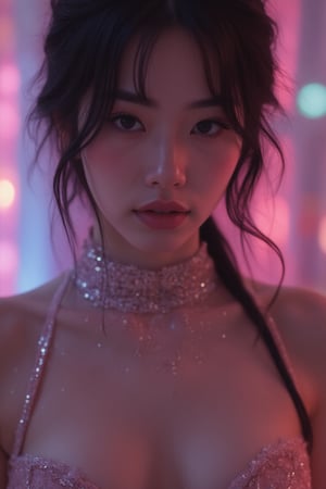 a close up of a woman wearing a shiny top and a choke, ross tran 8 k, glowing magical shiny skin, by Russell Dongjun Lu, beautiful digital artwork, brandon woelfel, ross tran style, bright cyberpunk glow, dreamy cyberpunk girl, artem demura beeple, cyberpunk vibes, in the style of ross tran, by Yanjun Cheng