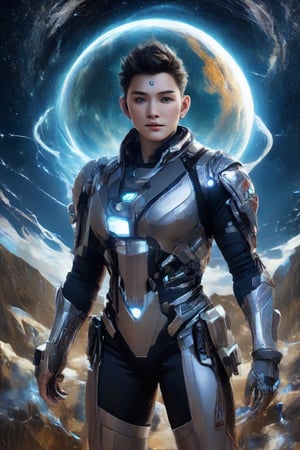 A dynamic image of a warrior from the galaxy, dressed in futuristic combat attire. The warrior stands poised in a ready stance, with advanced weaponry and armor reflecting a mix of traditional and high-tech elements. The scene is set in a dramatic lighting environment, emphasizing the sleek lines and metallic textures of the battle gear. The composition captures the warrior's intense gaze and the fluid motion of their posture, set against a backdrop of a star-filled cosmos, highlighting the otherworldly nature of their mission.,Supreme,portrait sticker