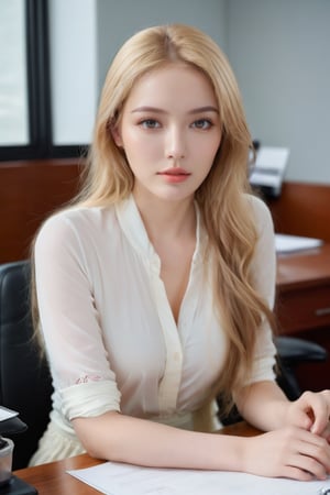 a digital portrait of a naturally beautiful young girl, 25 years blonde with a complexion reminiscent of pure porcelain, fullly matured. sitting on office desk in meeting
, full size photo, 
,Pakistani Model
