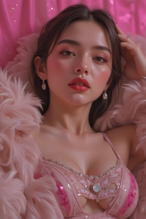 A sultry beauty lounges languidly before a vibrant pink backdrop, radiant diamond lights casting a warm glow on her sleek cat fur as she purrs with unbridled confidence. Her ornate bodysuit, studded with sparkling jewels, catches the light, accentuating every curve and contour of her captivating face.