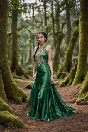 In the image, there is a woman who appears to be posing for a photograph in a forest setting. She is wearing a green dress with a braided hairstyle. The forest setting is characterized by tall trees with moss on their trunks and sunlight filtering through the foliage, creating a dappled light effect on the ground and her figure. The woman's pose and attire suggest a theme of natural beauty and elegance.