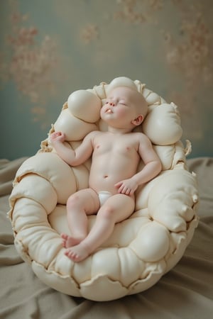 albino demon girl,lounging in an egg-shaped cradle. Her slender figure reclines comfortably within the smooth, curved interior, surrounded by the warmth and security of the eggshell. With eyes closed and a peaceful expression, she appears serene and content, her pale skin glowing softly in the gentle light. Long lashes frame her closed eyes, and her delicate features convey a sense of tranquility and beauty. Despite the unconventional setting, she exudes an aura of quiet grace and otherworldly charm,princess,biological