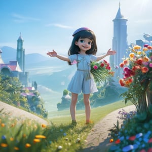 Curious girl with bouquet of vibrant flowers stands at edge of fantastical landscape, surrounded by whimsical Wonderland-inspired scenery. Glowing alien cityscape stretches towards sky, illuminated by soft blue light. Girl's bright smile and outstretched arms welcome extraterrestrial visitors, as if showcasing her own little patch of wonder in this surreal science fiction world.,digital art