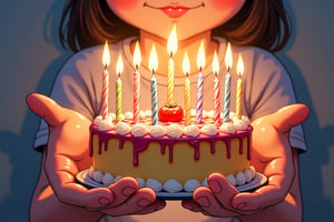 A whimsical anime scene:  a big birthday cake with ((((12 sparkling candles)) on the hands of a litttle girl.  