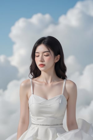 A serene masterpiece of a young woman sitting alone, surrounded by nothing but clouds and the vast blue expanse above. Her raven-black hair falls in soft waves around her face, with choppy bangs framing her closed eyes. A flowing white dress hugs her slender figure, its short sleeves showcasing toned arms as she sits peacefully. Parted lips curve into a gentle smile, as if lost in thought or savoring the beauty of the day. The cloudy sky above is dotted with puffy whites, casting a warm glow over the entire scene.