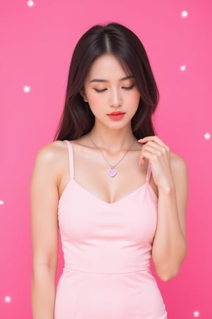 a beautiful young woman stands in front of a vibrant pink backdrop. She is dressed in a light pink sleeveless dress, adorned with a silver necklace and a pink heart charm. Her hair is styled in a sleek bob, adding a touch of movement to her face. Her eyes are closed, as if she's concentrating on something. The backdrop is adorned with tiny white dots, adding depth to the composition.