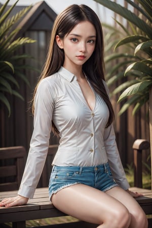 1girl, solo, long hair, breasts, looking at viewer, blue eyes, blonde hair, shirt, long sleeves, cleavage, medium breasts, sitting, closed mouth, jacket, multicolored hair, outdoors, open clothes, shorts, day, collared shirt, blurry, lips, black shirt, short shorts, eyelashes, blurry background, arm support, white jacket, freckles, blue shorts, realistic, bench,JeeSoo ,Charm of beauty