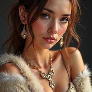 hot sexy female model, wearing ornate body jewelery suit. soft silky cat fur,  glamour shot, diamond lights, face close up, 